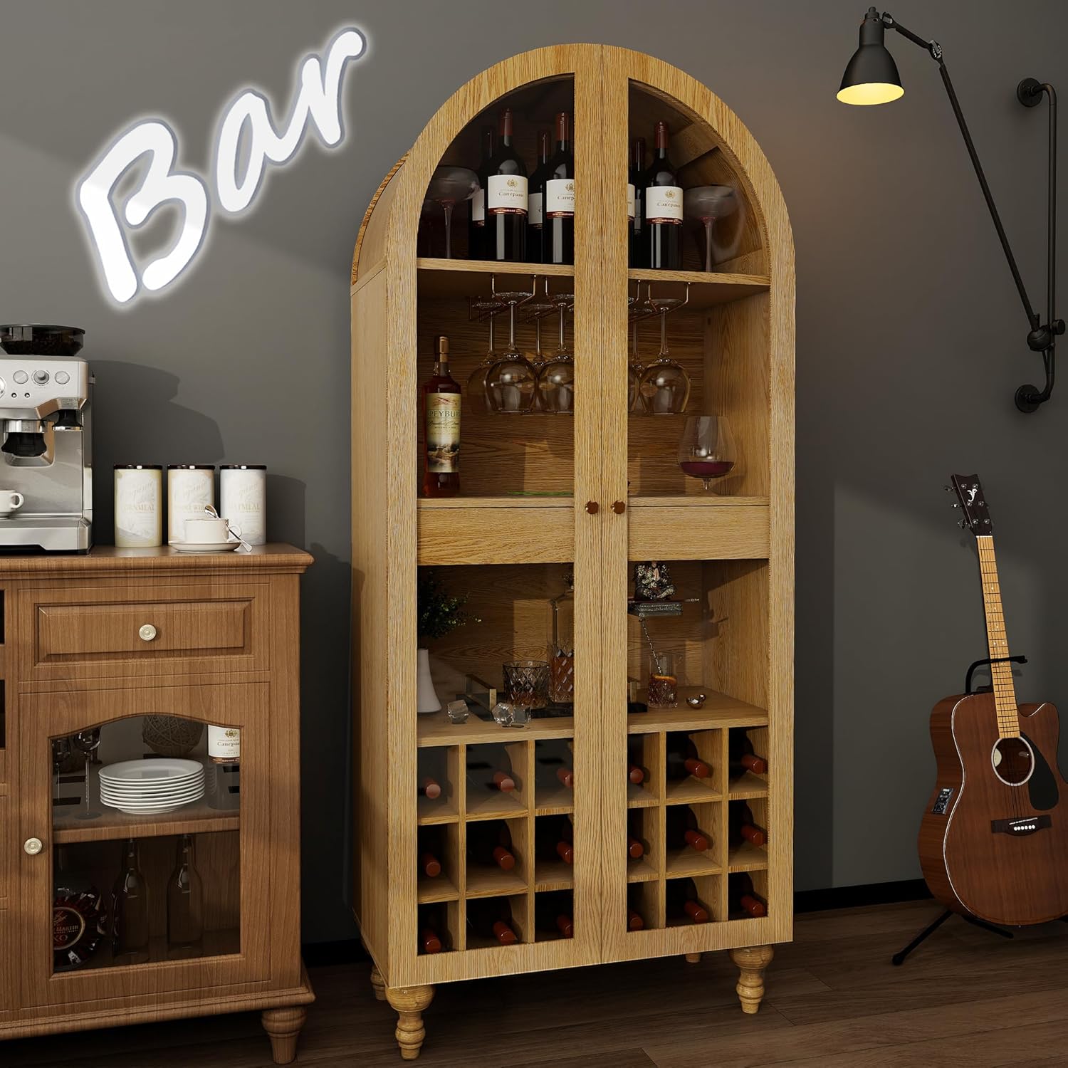 71 Oak Wine Bar Cabinet with Door and Glass Holder