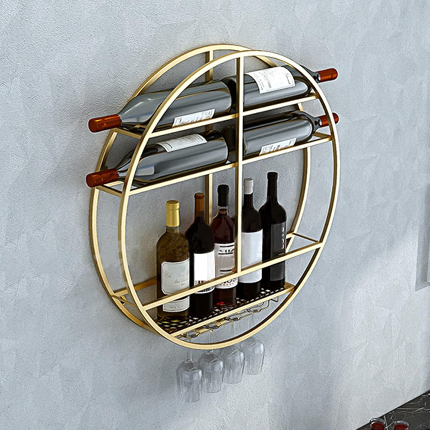 MeyeLo Wall-Mounted Round Wine Rack with Glass Holder 1