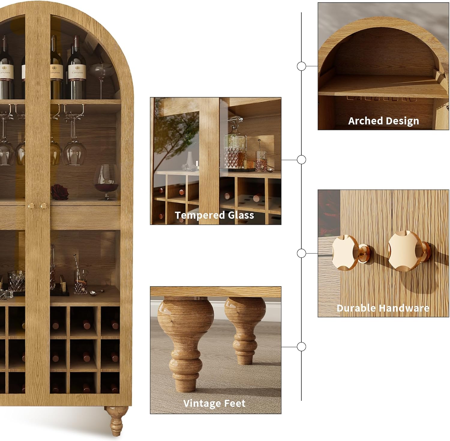 71 Oak Wine Bar Cabinet with Door and Glass Holder