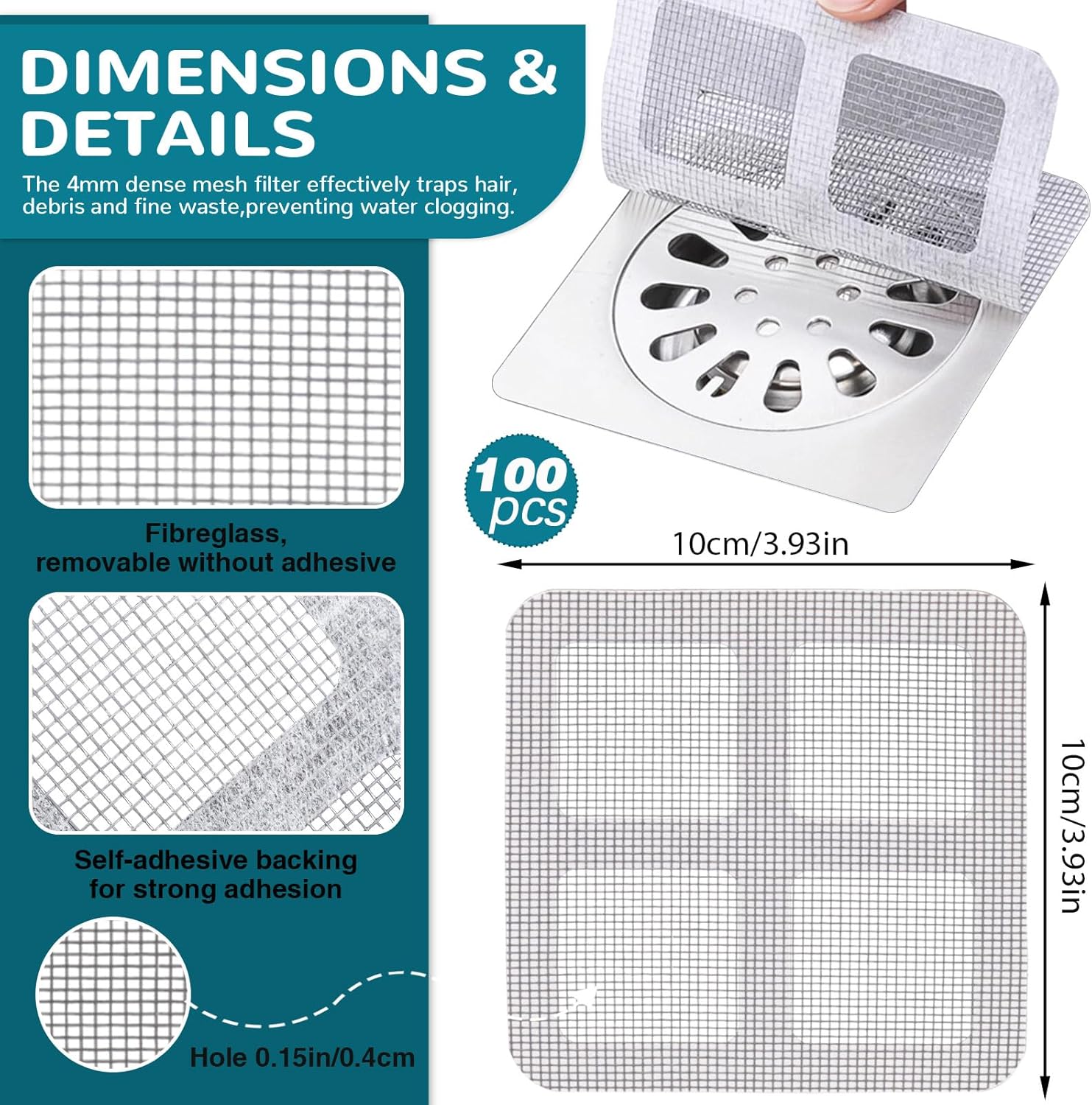 Quxddy 100pcs 4 Inch Square Drain Cover for Hair and Debris