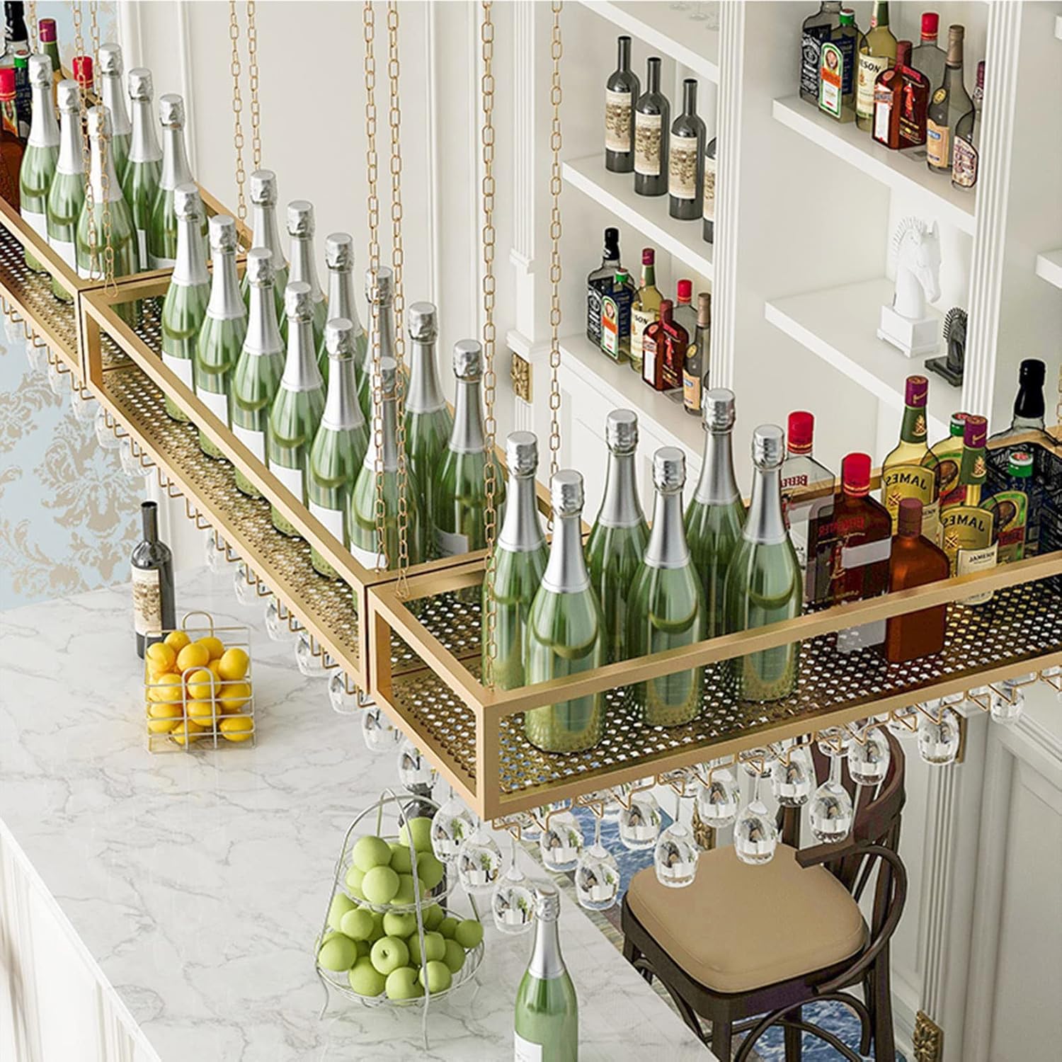 Iron Art Ceiling Wine Rack with Adjustable Chain and Glass Storage