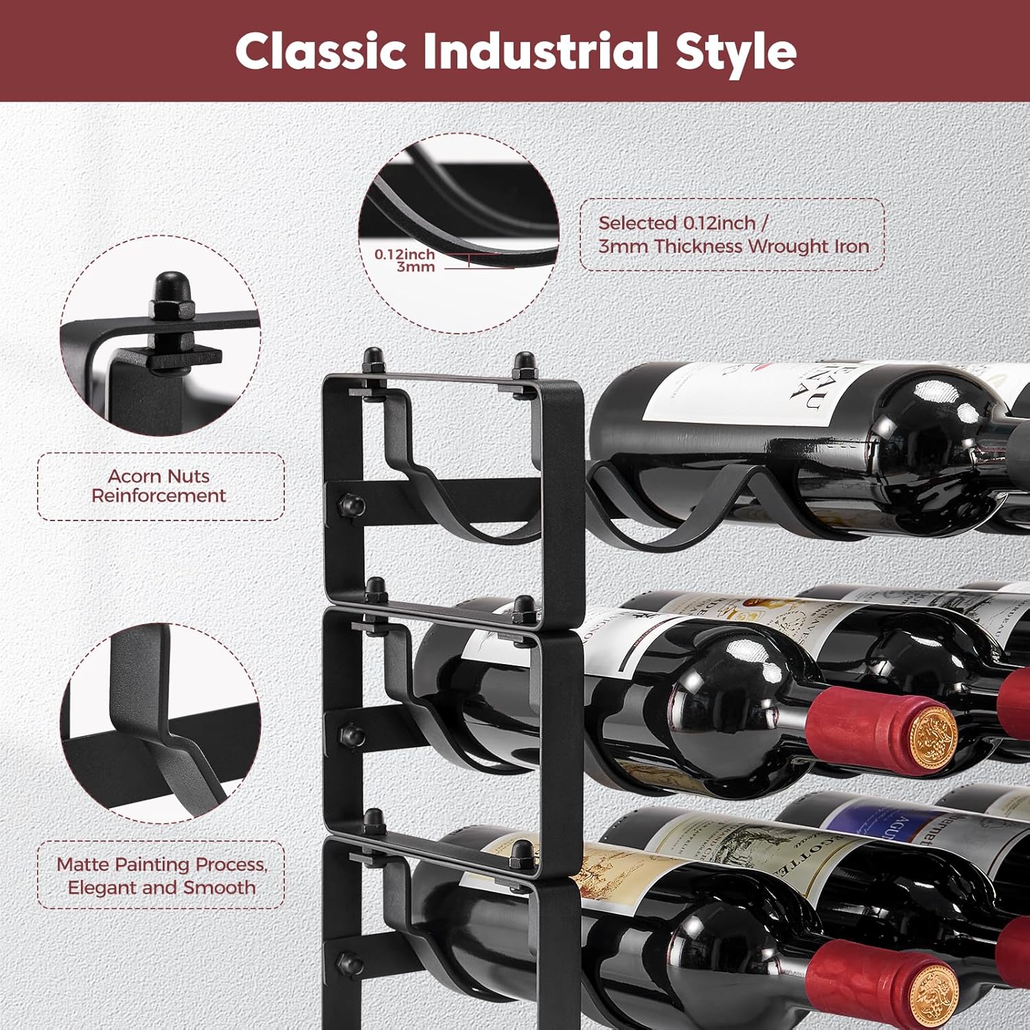 Stackable Wine Rack 3 Tier Freestanding Metal Bottle Holder for Cabinet