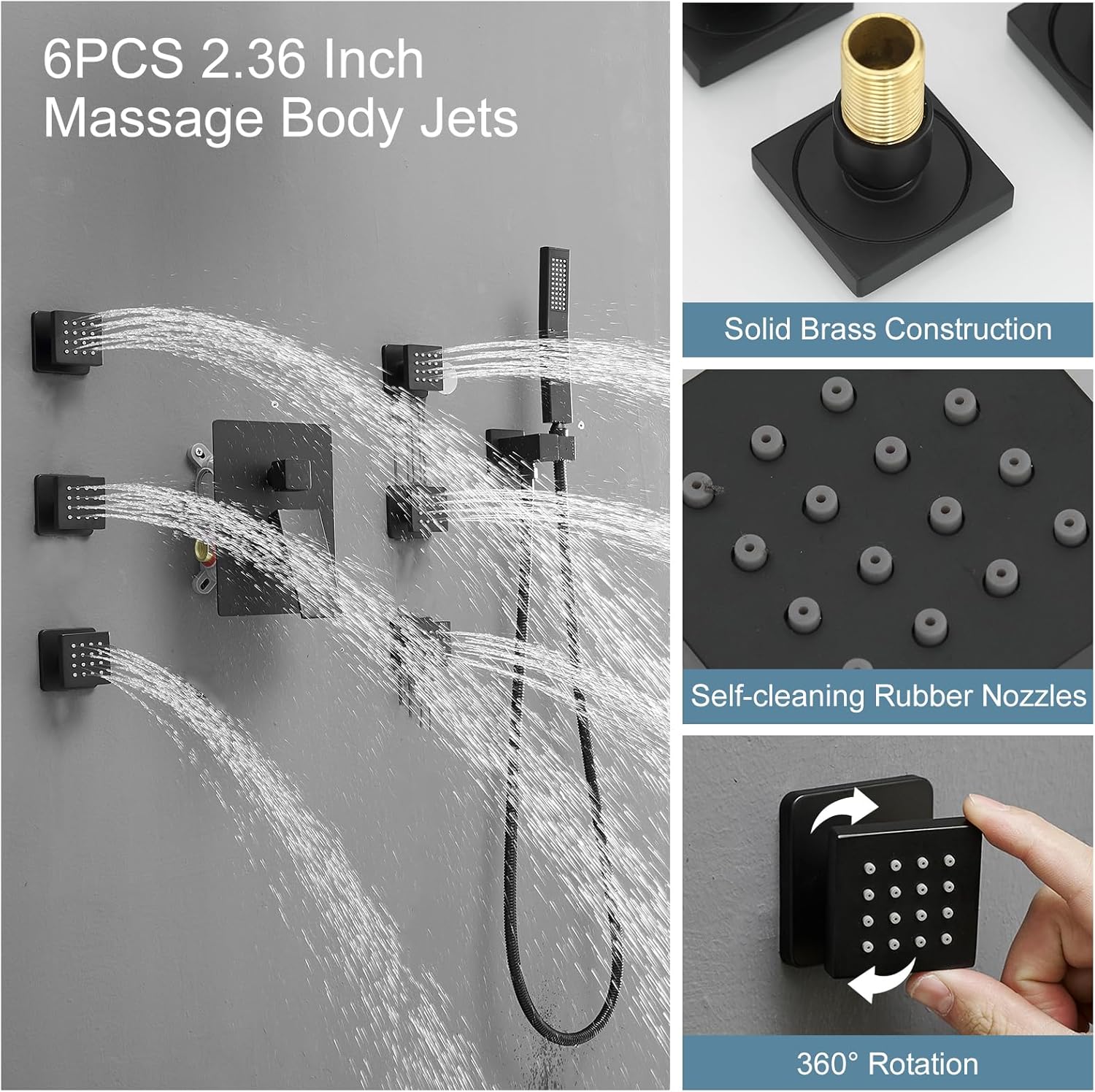 BWE Black Rain Shower System with Body Jets and Handheld Sprayer