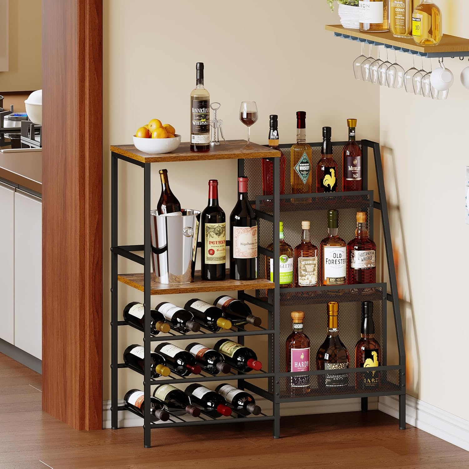 Hayexiha Freestanding 3-Tier Liquor Wine Cabinet with Fences