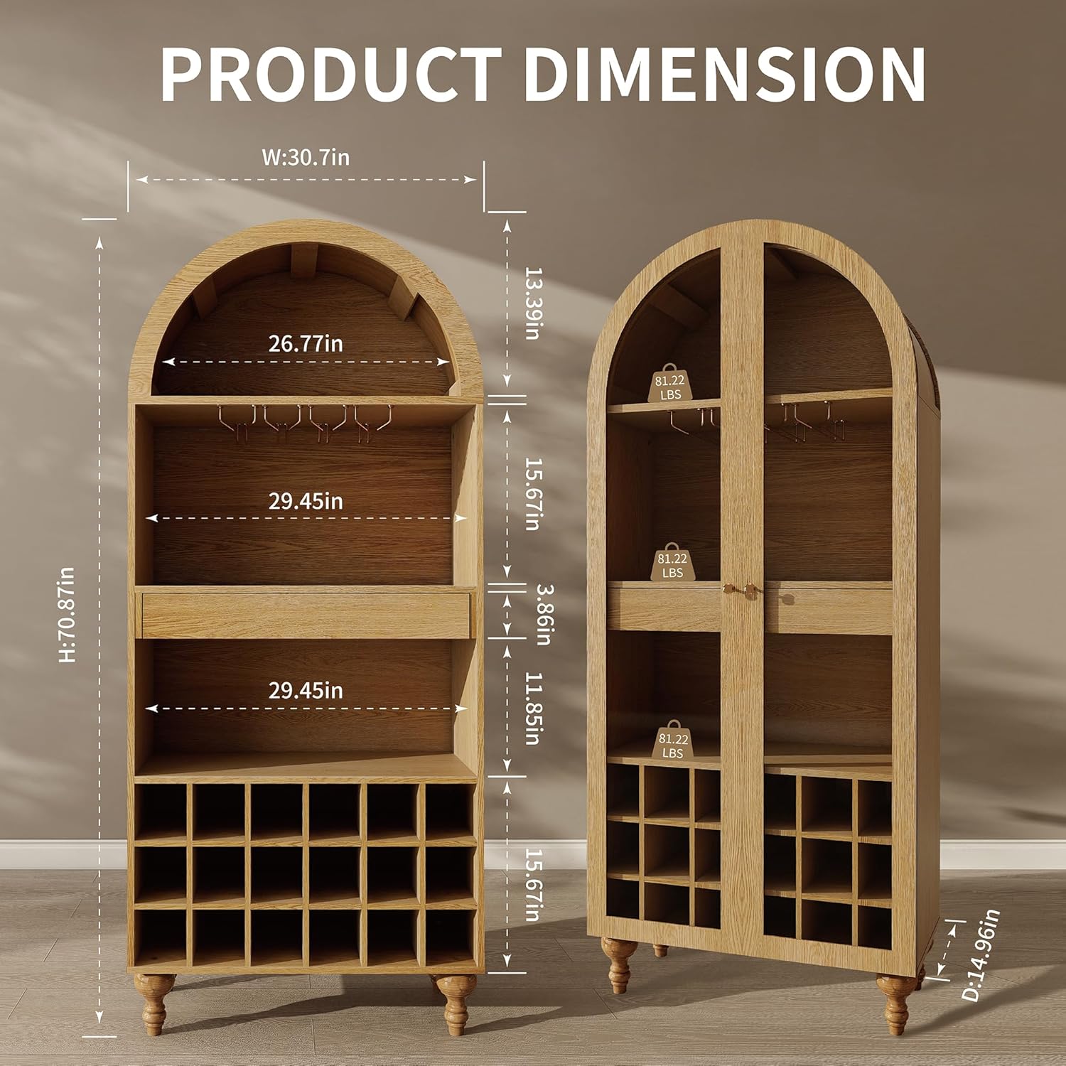 71 Oak Wine Bar Cabinet with Door and Glass Holder