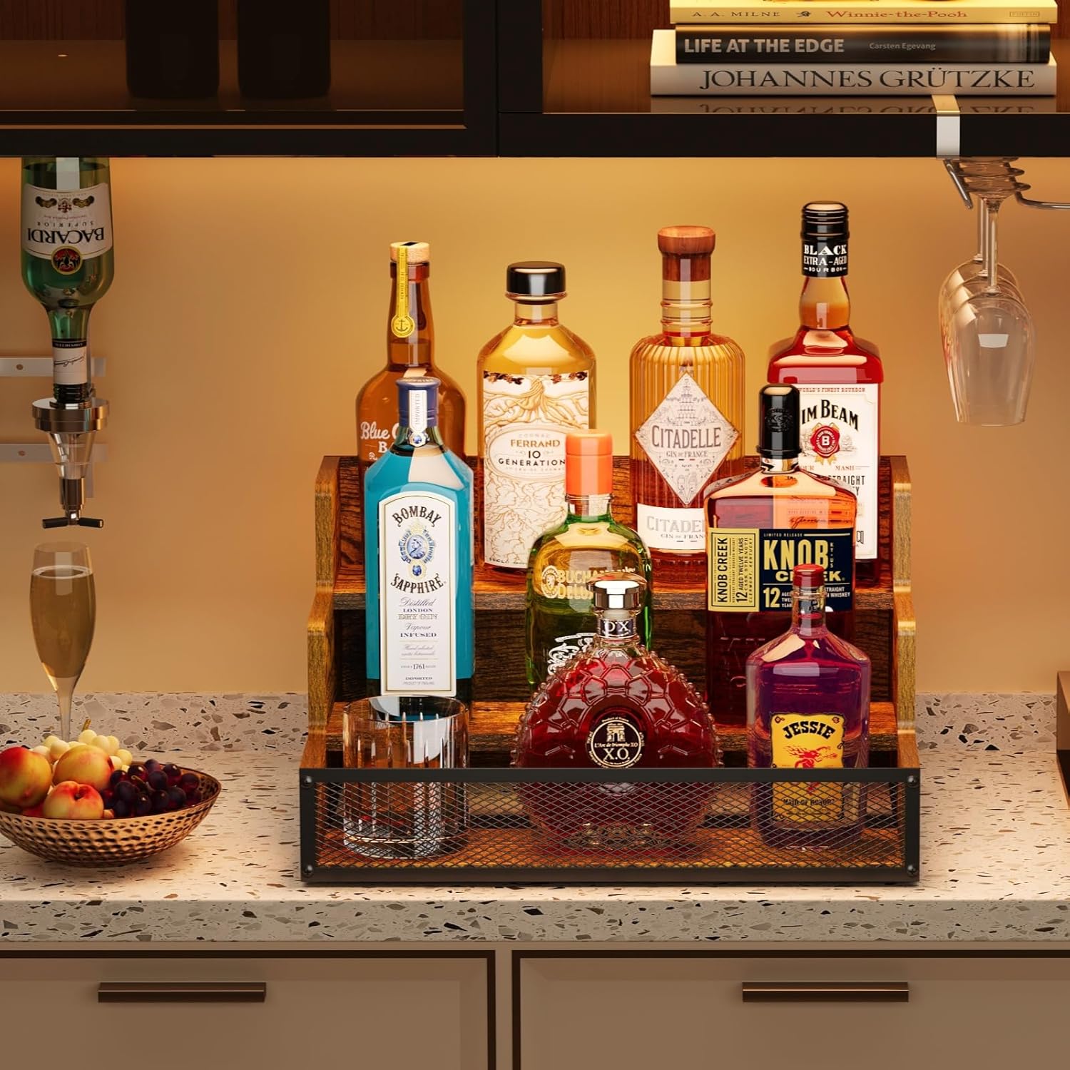3 Step Wooden Liquor Display Shelf with Fences