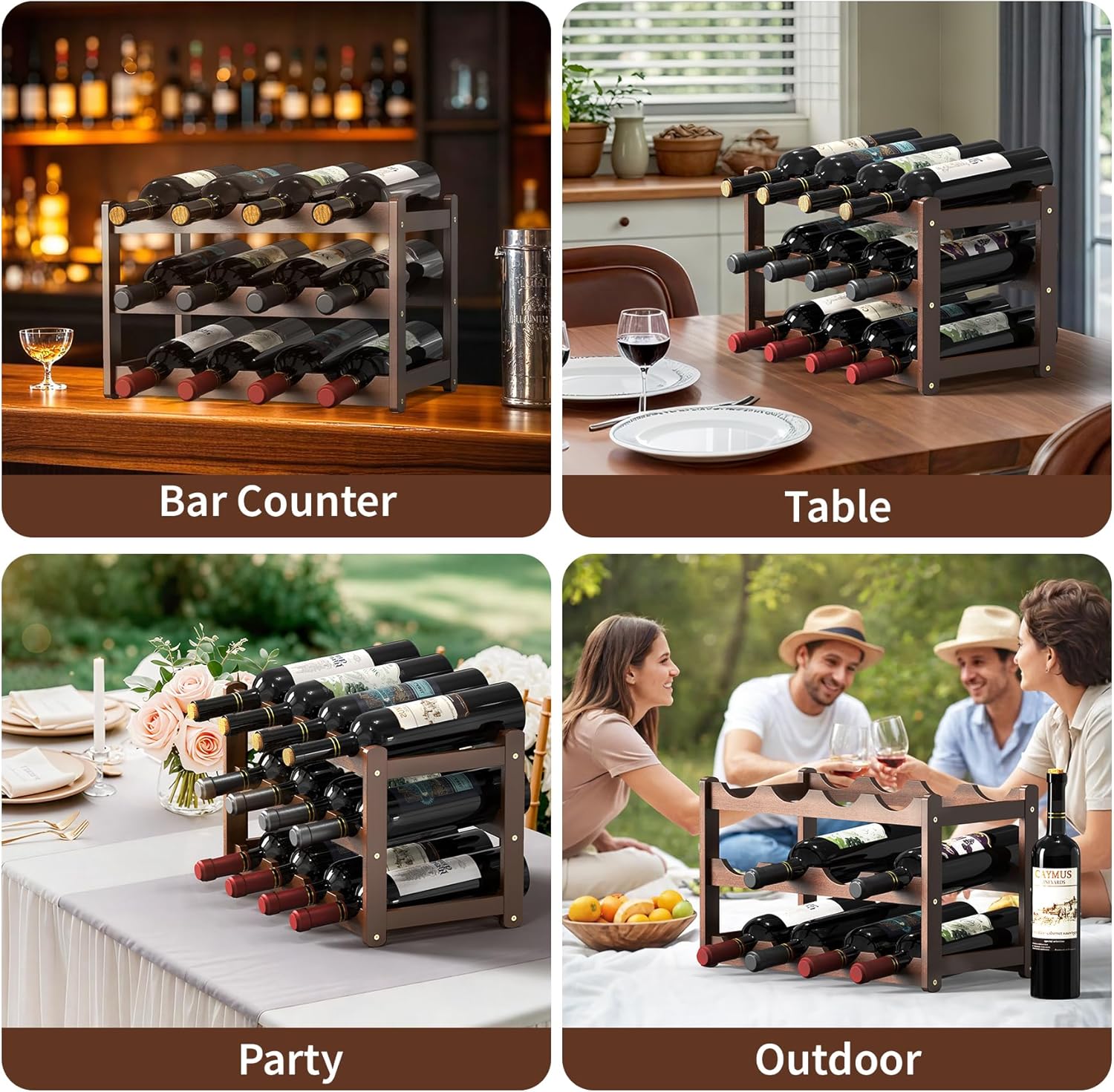 CAMOAT 3-Tier Bamboo Wine Rack for 12 Bottles