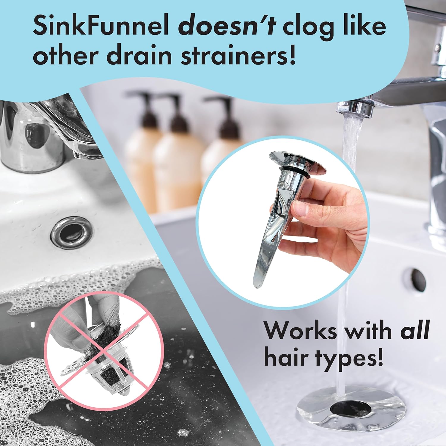 DrainFunnel Chrome Sink Drainer for Hair Clog Prevention
