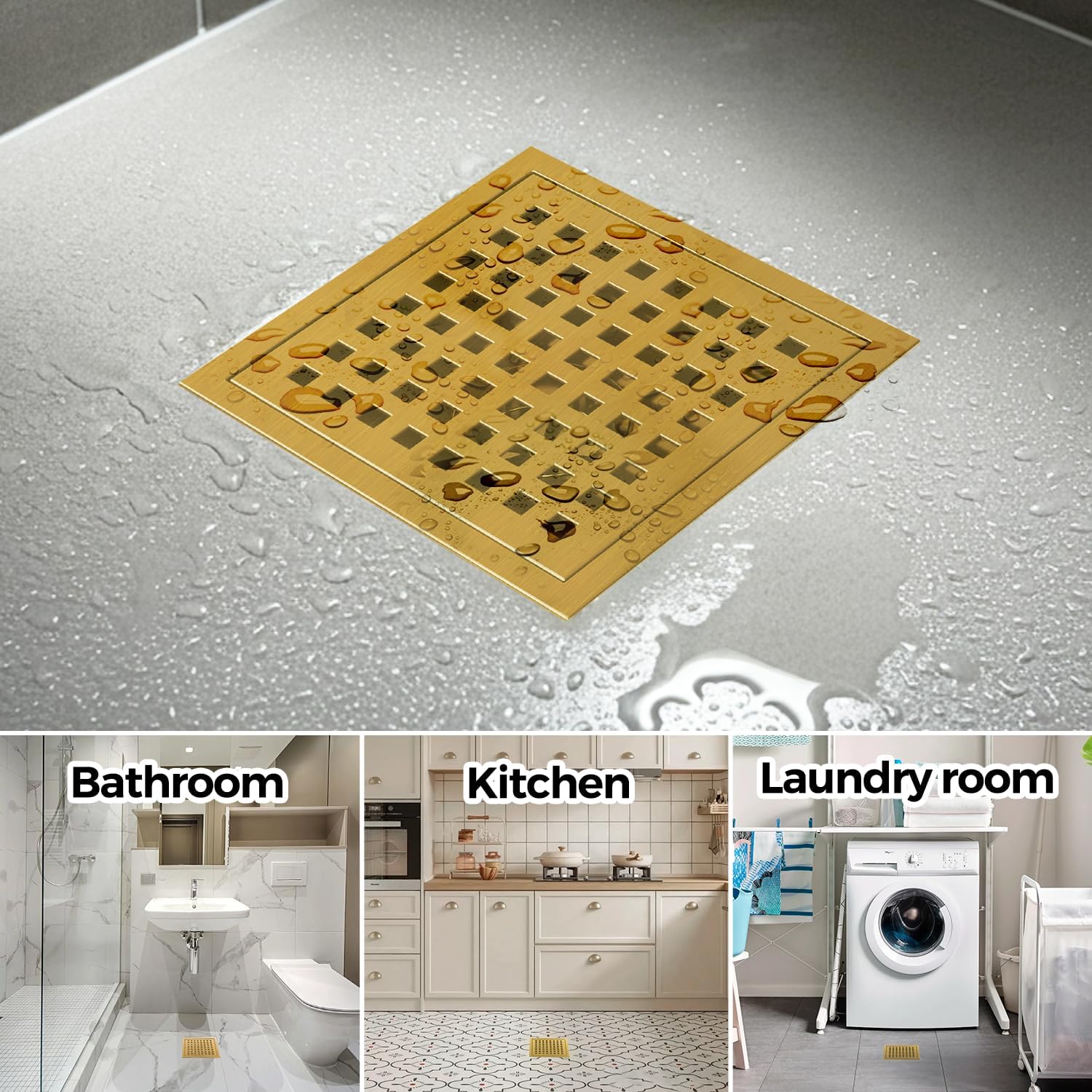 Zaa 6 Inch Square Shower Drain with Flange and Hair Strainer