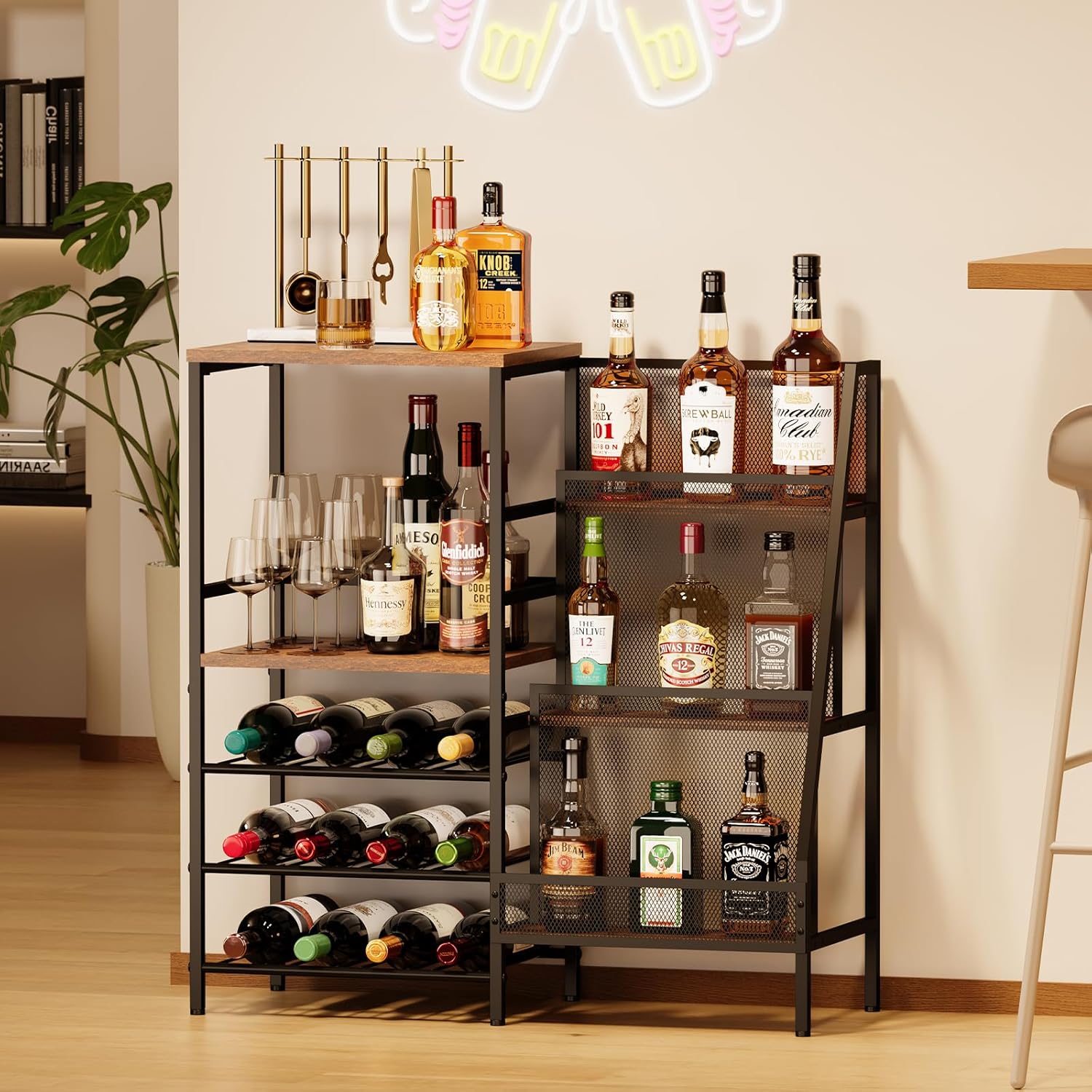 Hayexiha Freestanding 3-Tier Liquor Wine Cabinet with Fences