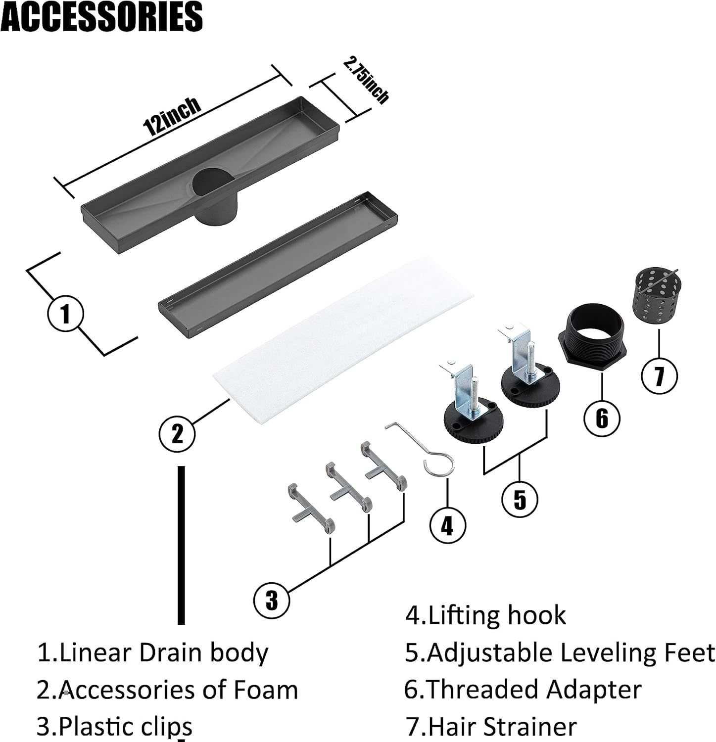12 Inch Linear Shower Drain with Matte Black Hair Strainer 1