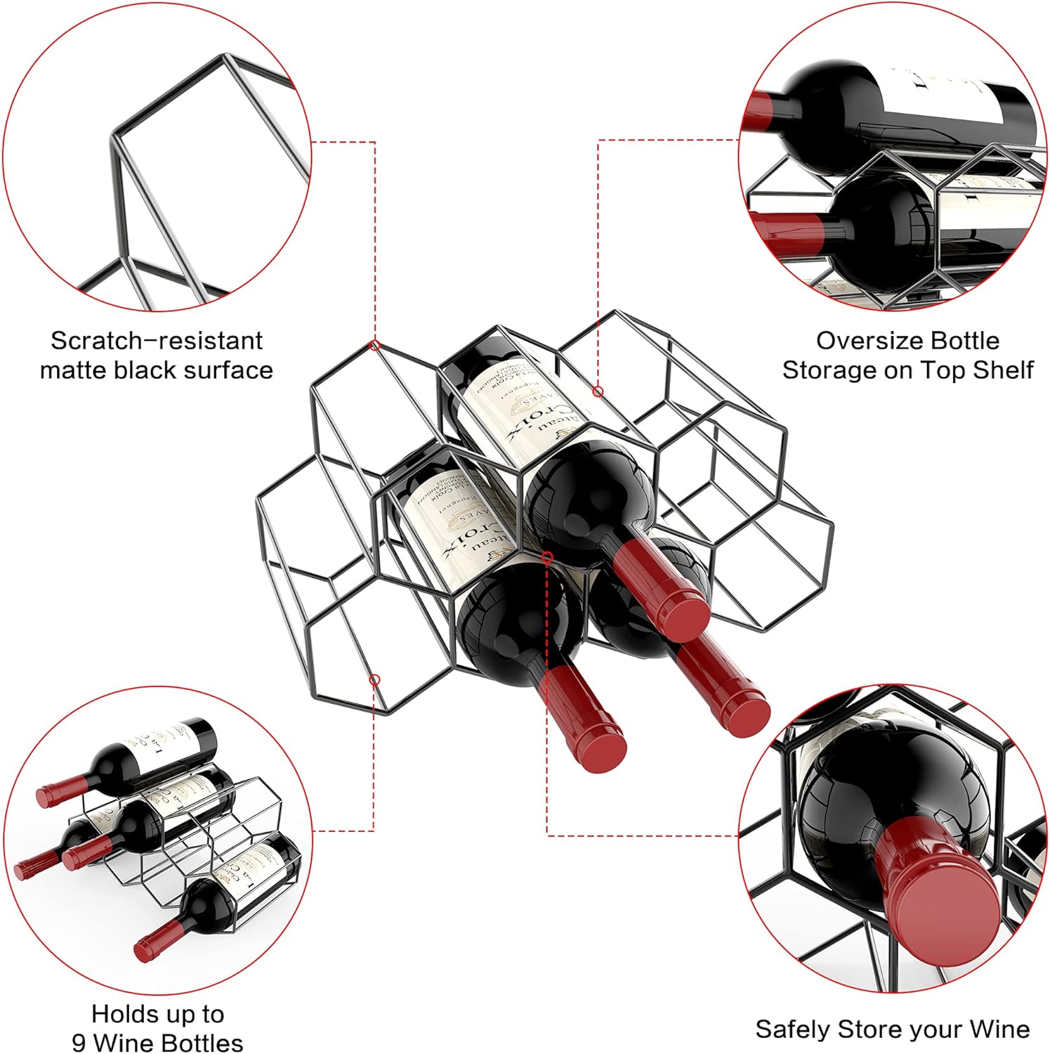 Handisen 9 Bottle Freestanding Wine Rack - Black Metal