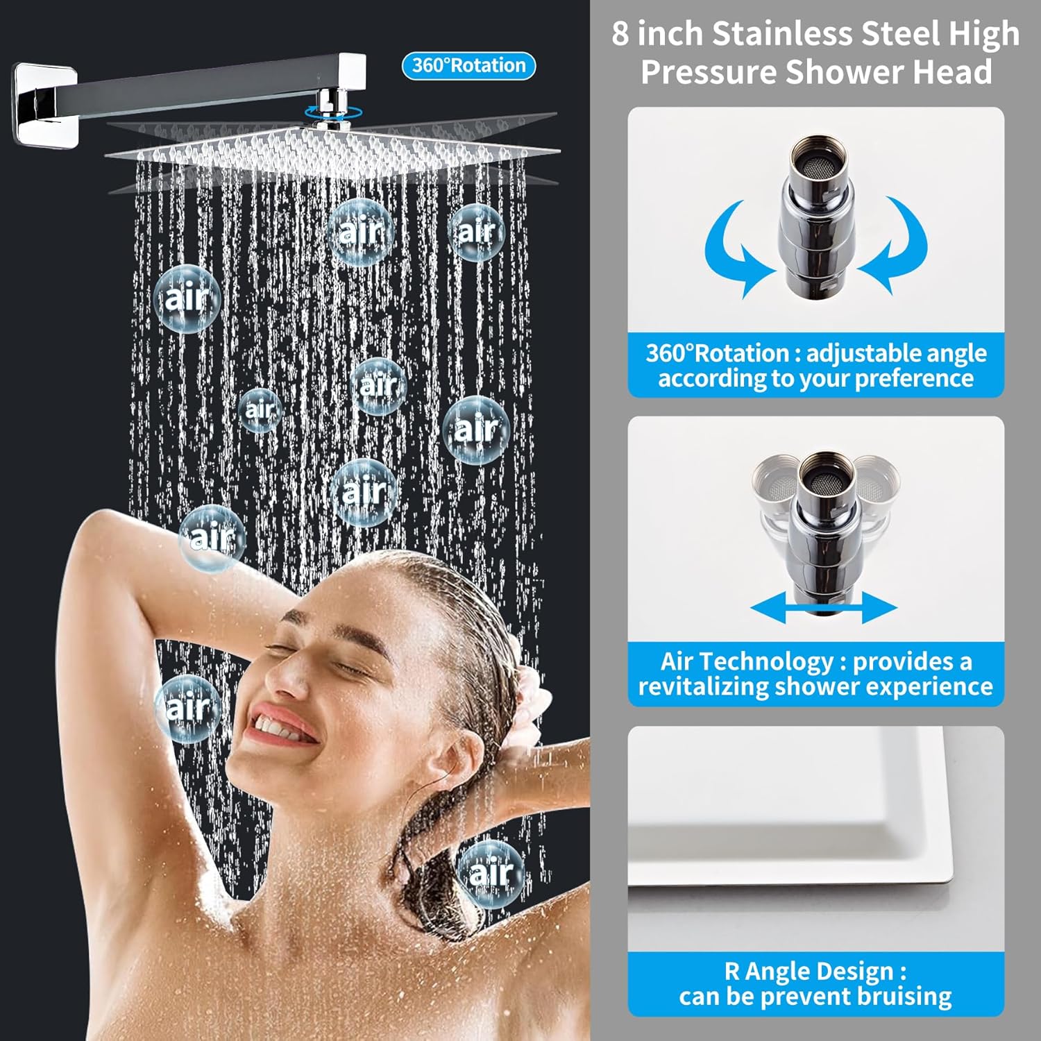 Hamckay 8 Inch Chrome Shower Faucet Set with Rain Head and Handheld