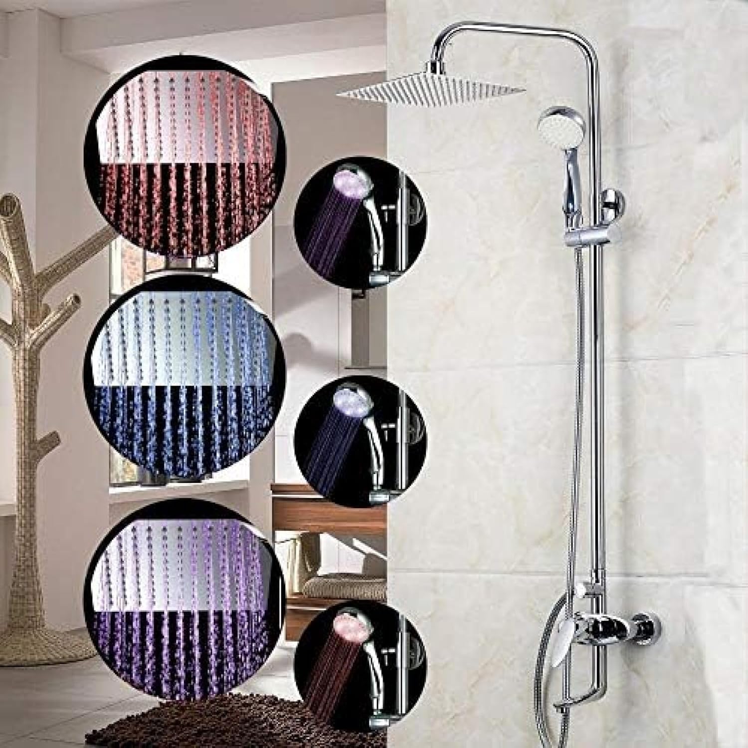 TECKI Square Chrome LED Rain Shower Wall Mount Set