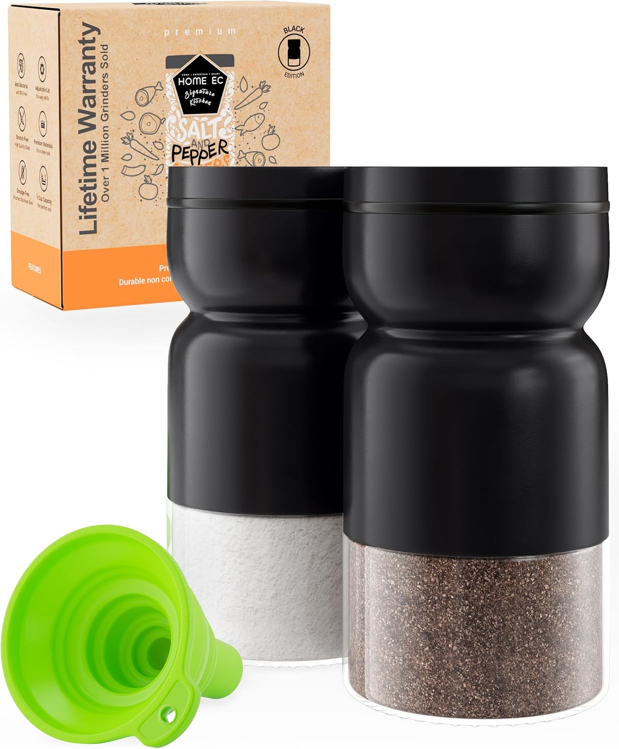 HOME EC Salt Pepper Shaker Set with Adjustable Pour Holes - Black Design