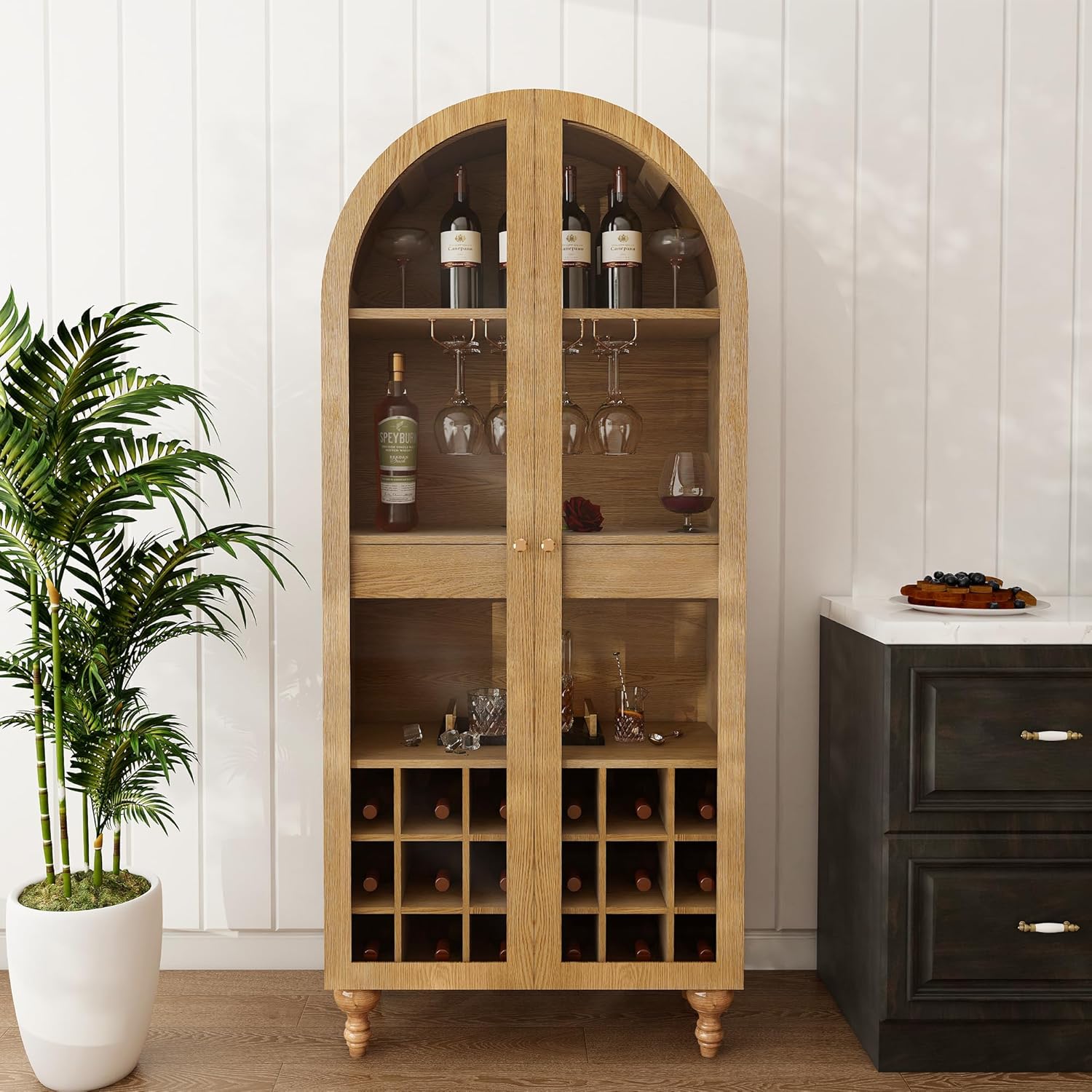 71 Oak Wine Bar Cabinet with Door and Glass Holder