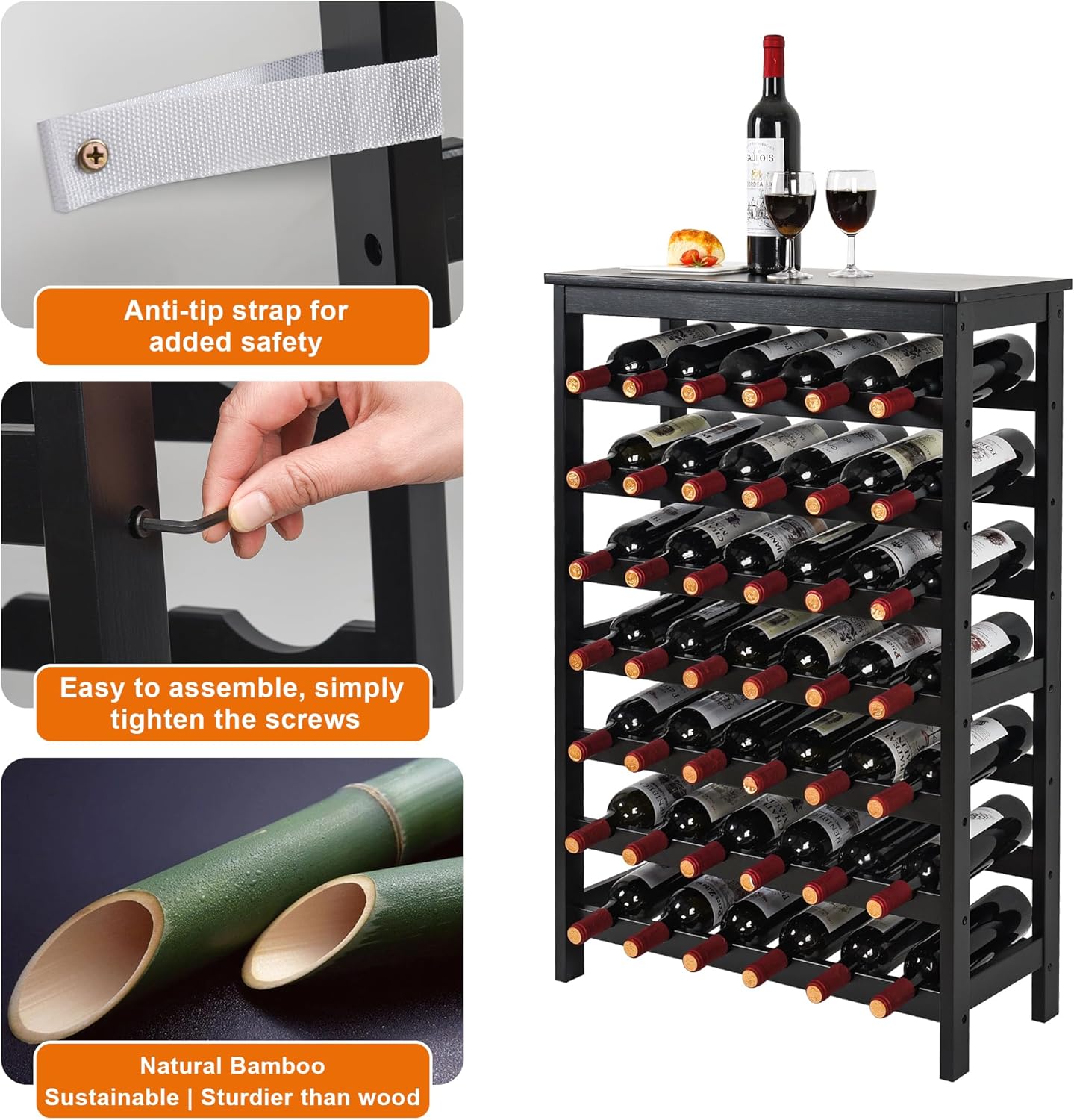VASMIA 42 Bottles Bamboo Wine Rack 7-Tier Freestanding Floor