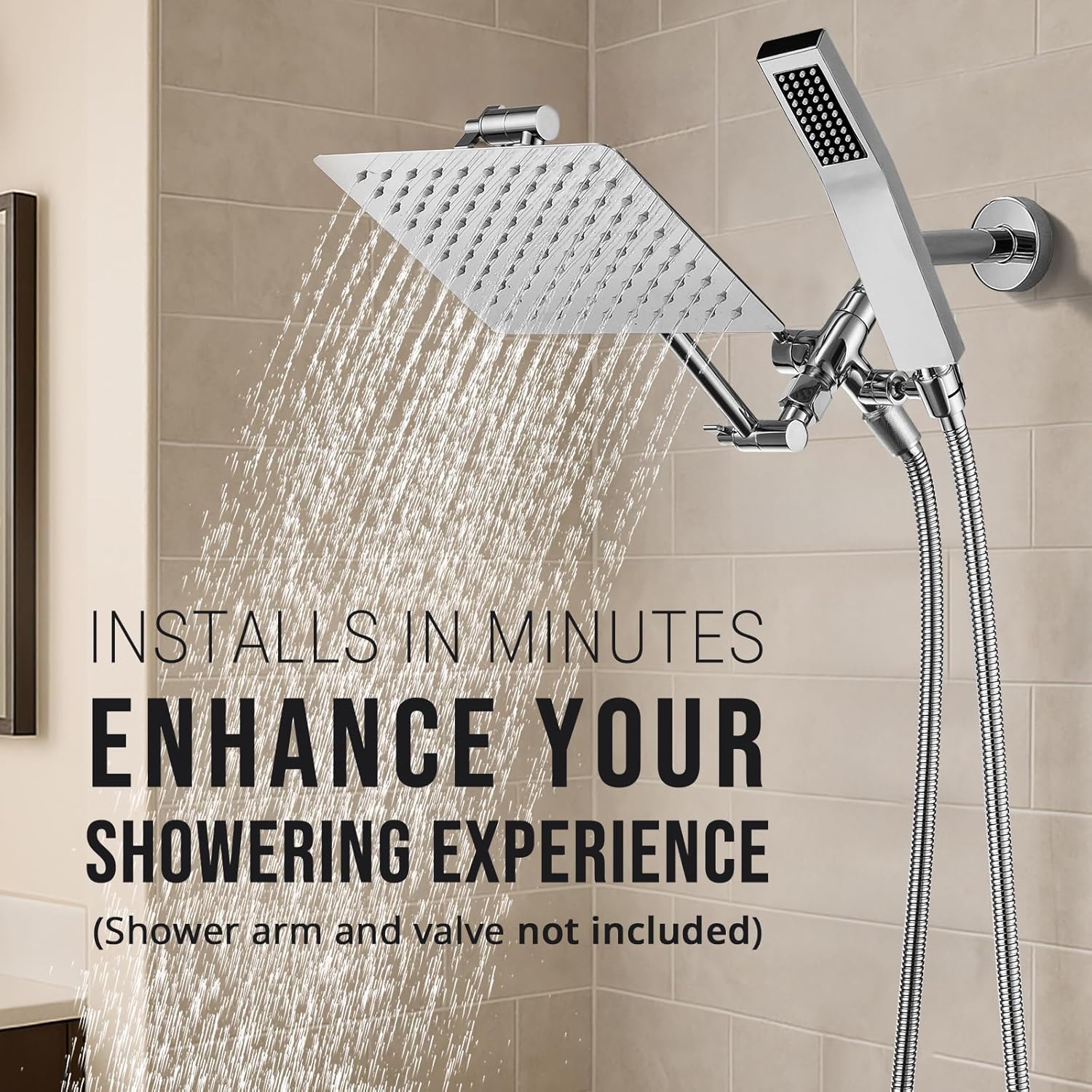 G-Promise 8 Inch Dual Square Shower Head with Handheld Combo - Chrome
