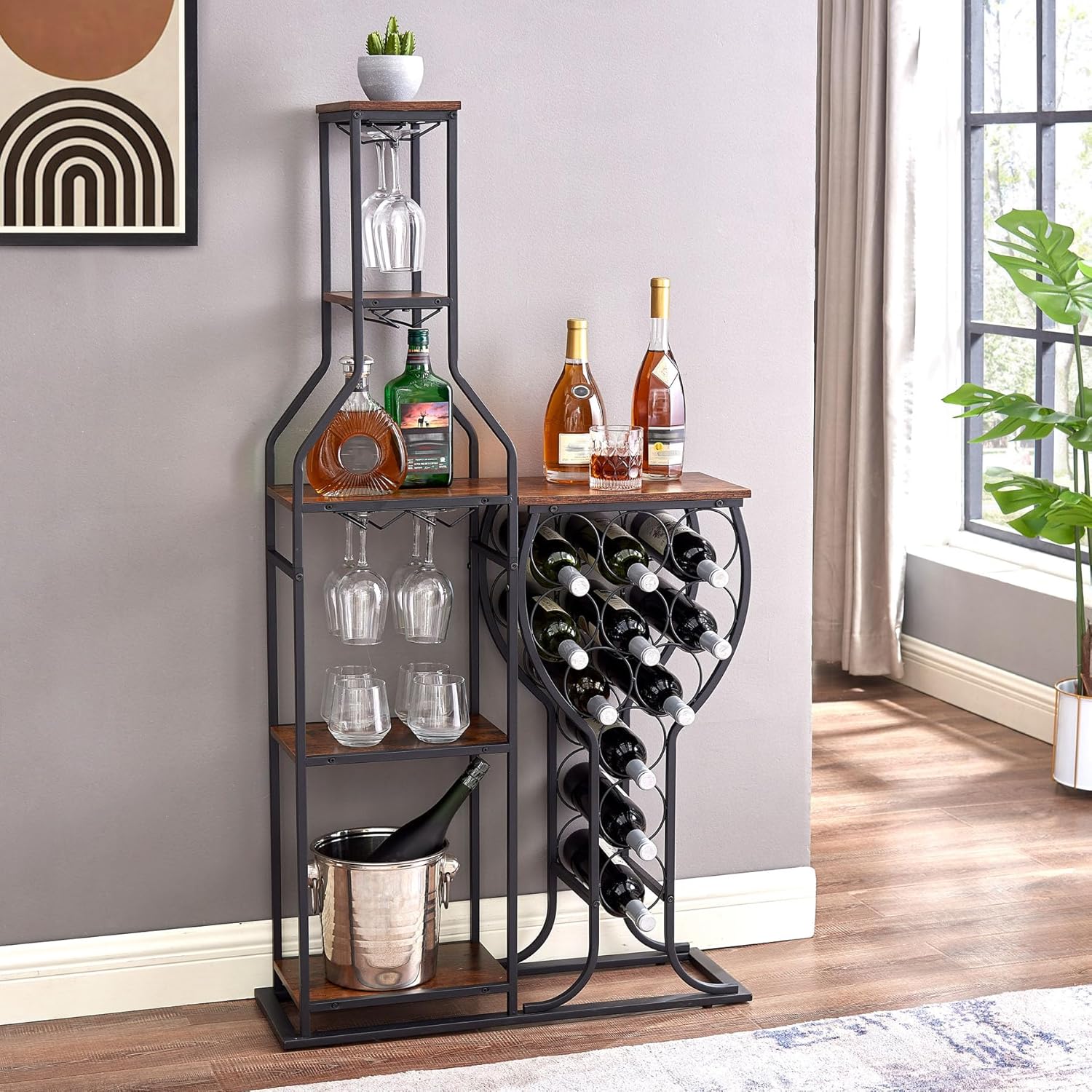 5 Tier Freestanding Wine Rack with Glasses Holder Brown