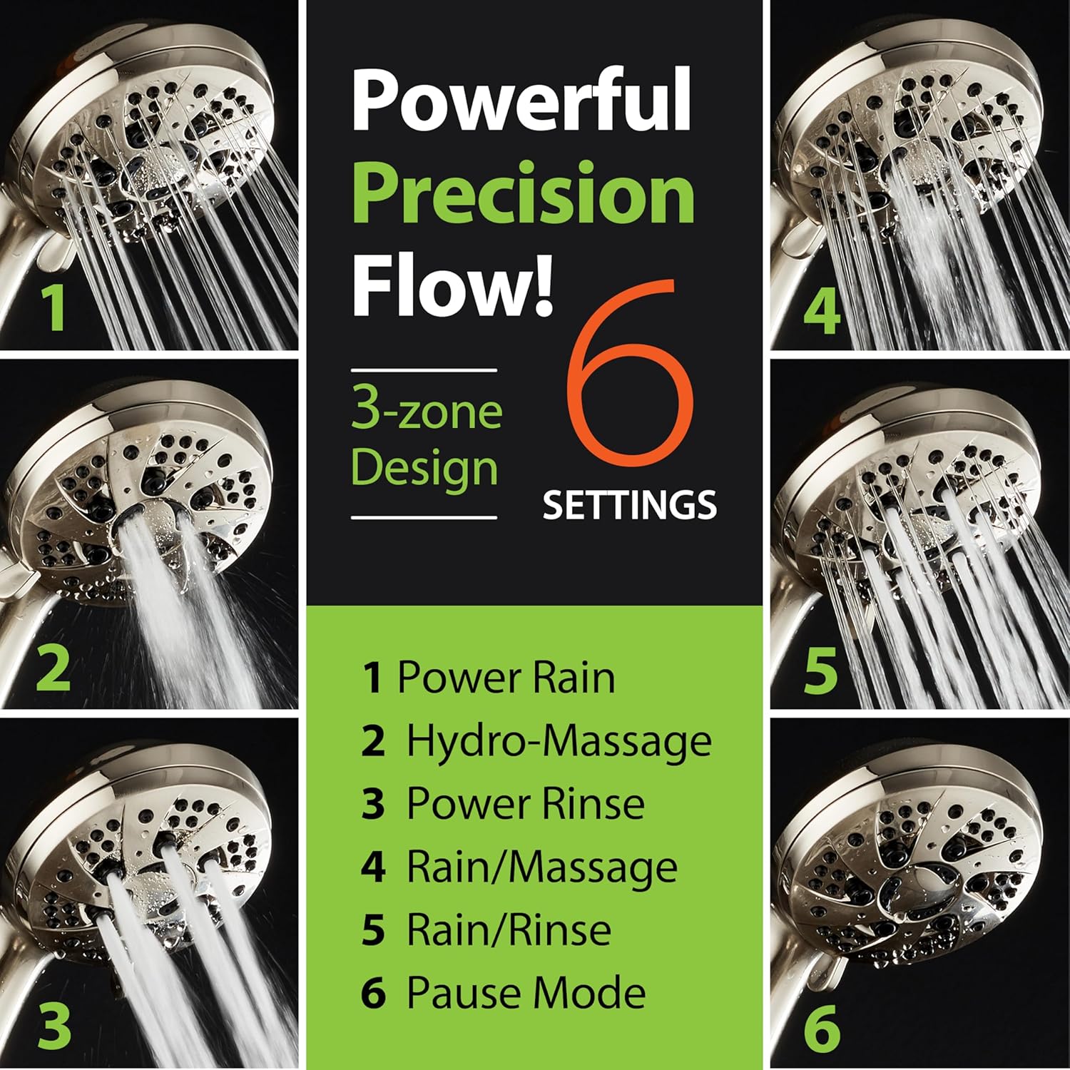 AquaDance 6-Setting Handheld Shower Head with Nickel Finish