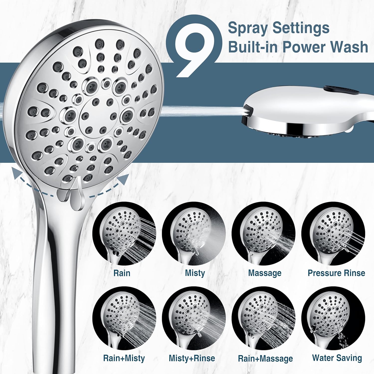 Bright Showers Handheld Shower Head with 9 Spray Settings and Power Wash